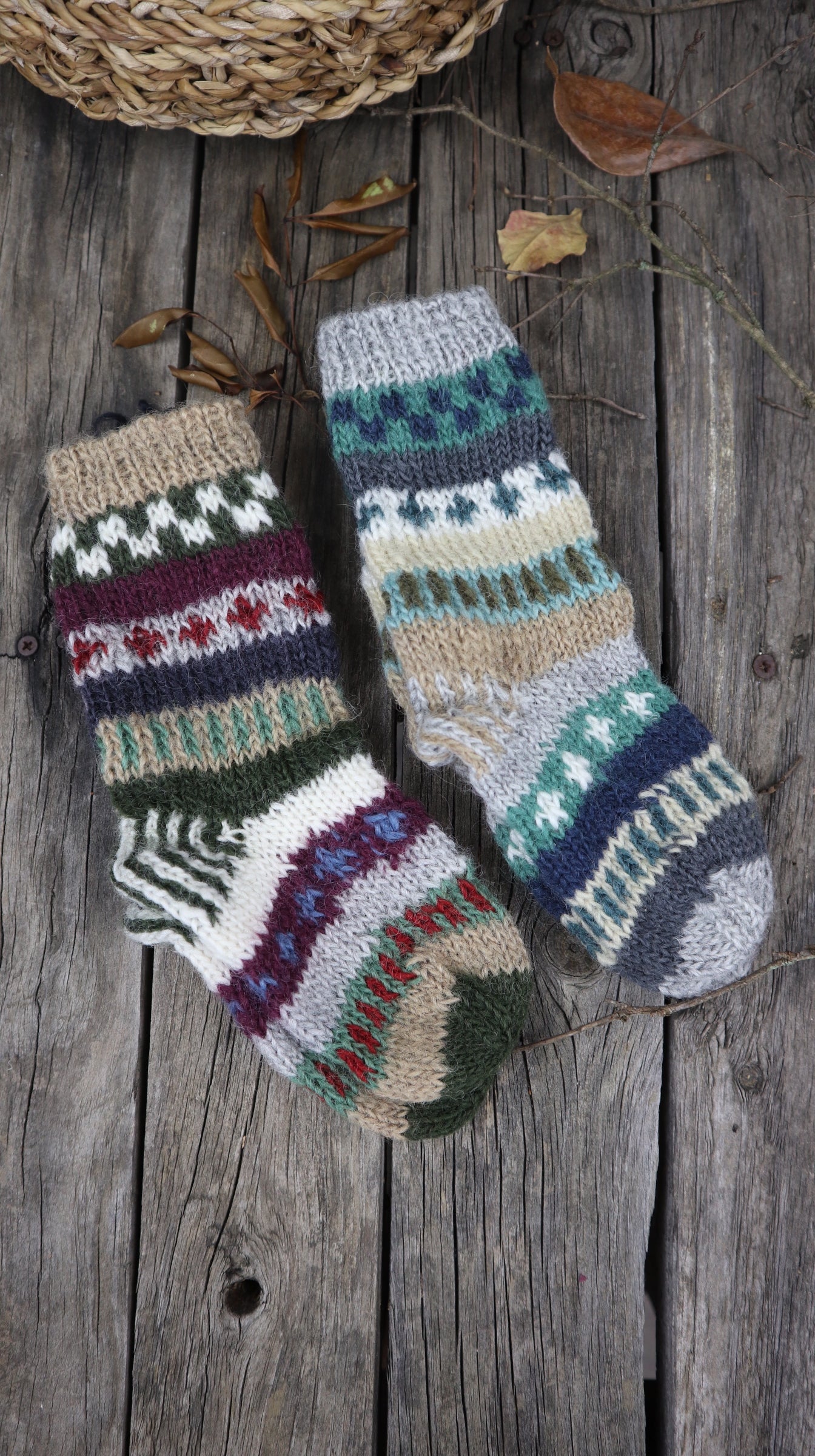 Fair Trade Ethical Children's Woollen Patterned Socks in Green, Grey and White