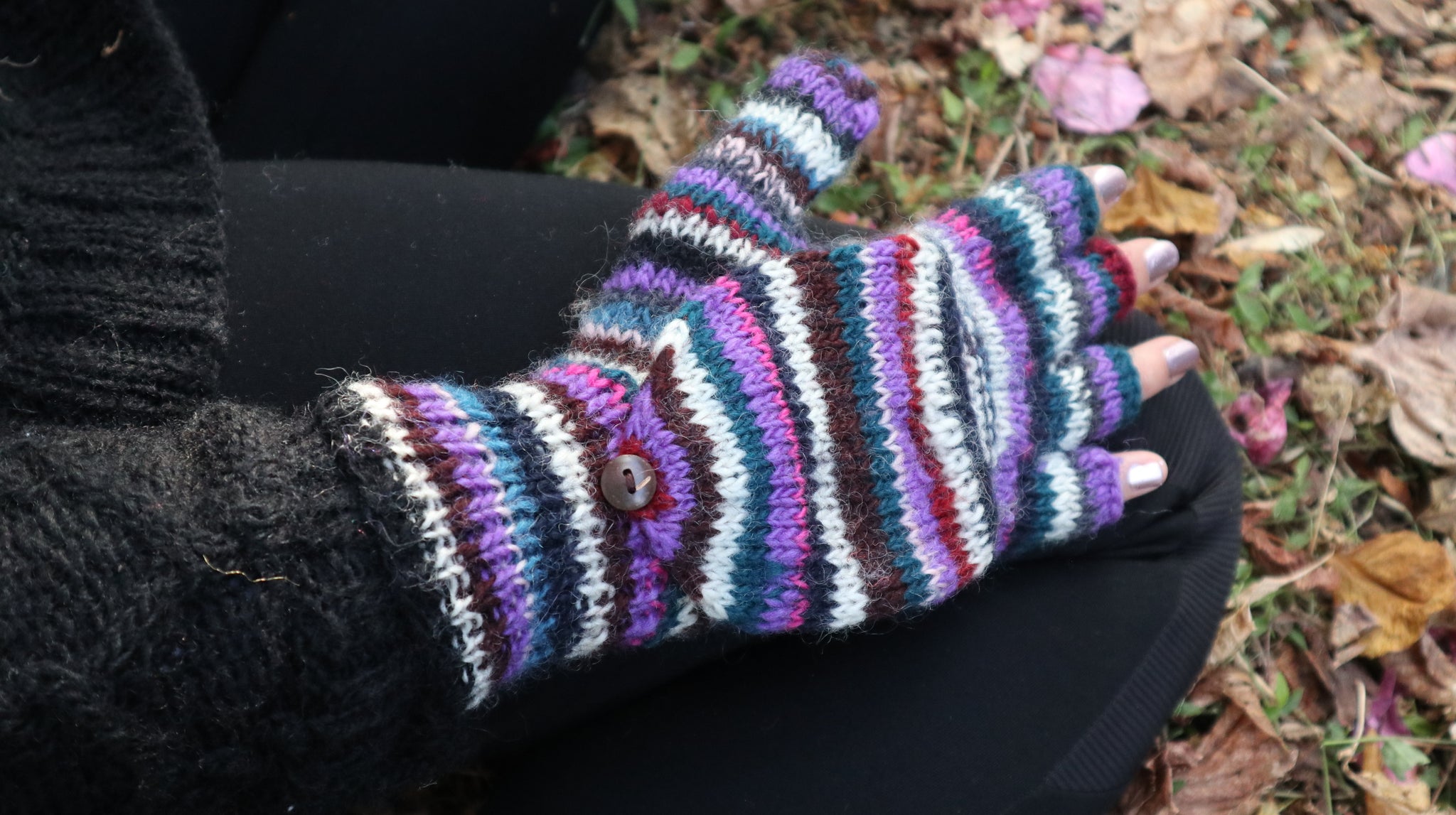 Fair Trade Ethical Adult Fingerless Gloves with Cap in Striped Brown Designs