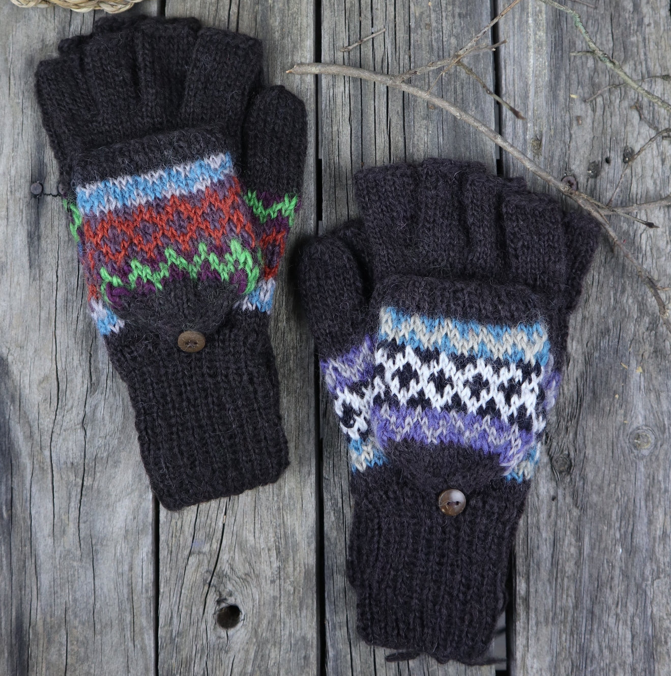 Fair Trade Ethical Adult Fingerless Gloves with Cap Patterned Design Browns