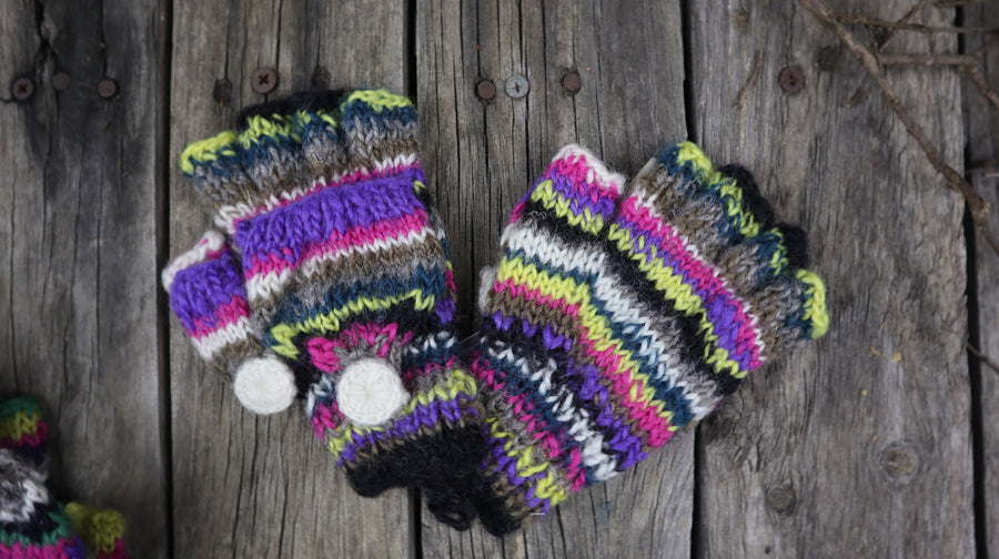 Fair Trade Ethical Children's Striped Fingerless Gloves with Cap in Pink, Purple, Yellow and Green