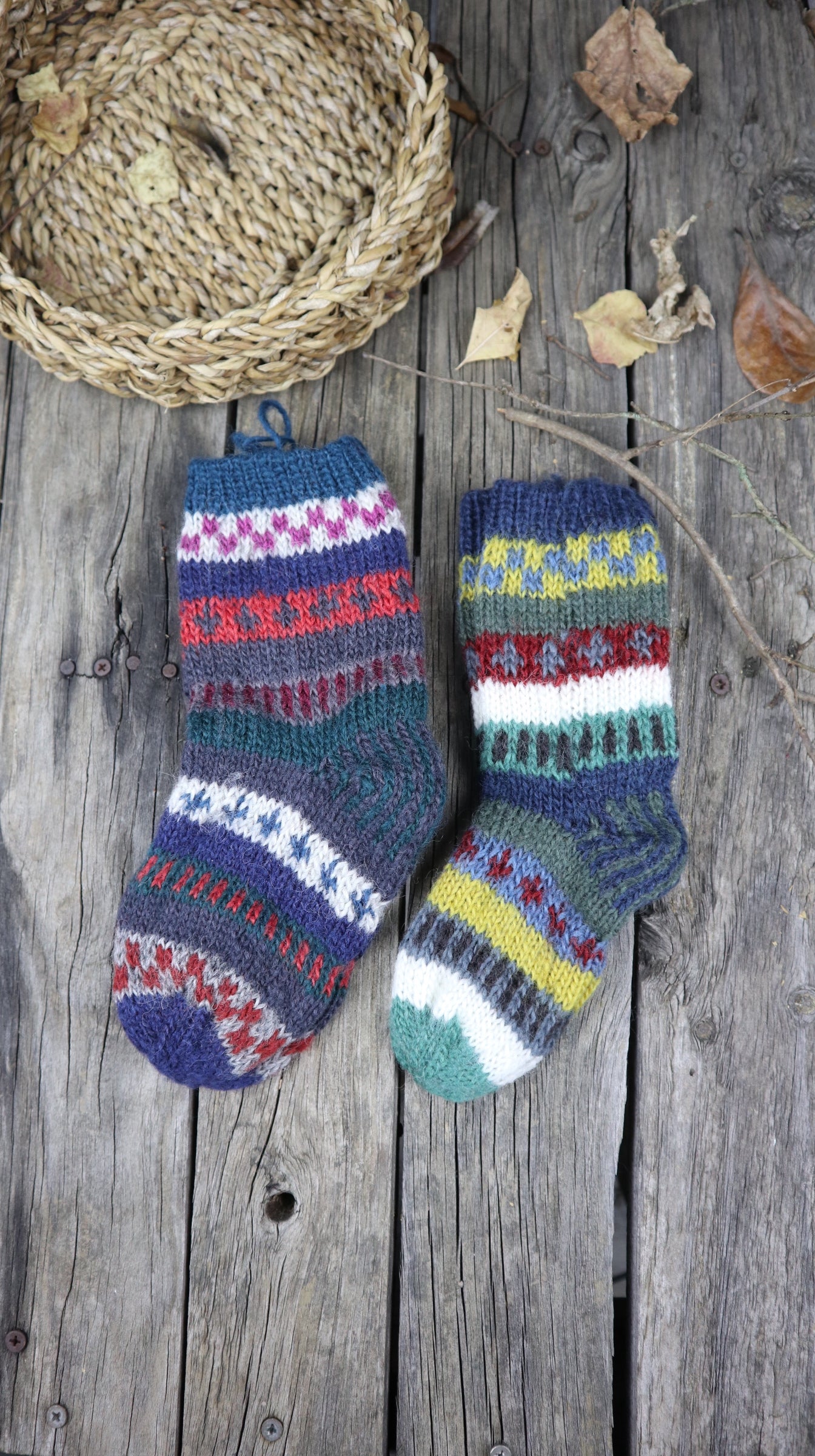 Fair Trade Ethical Children's Patterned Woollen Socks in Green, Brown and Red