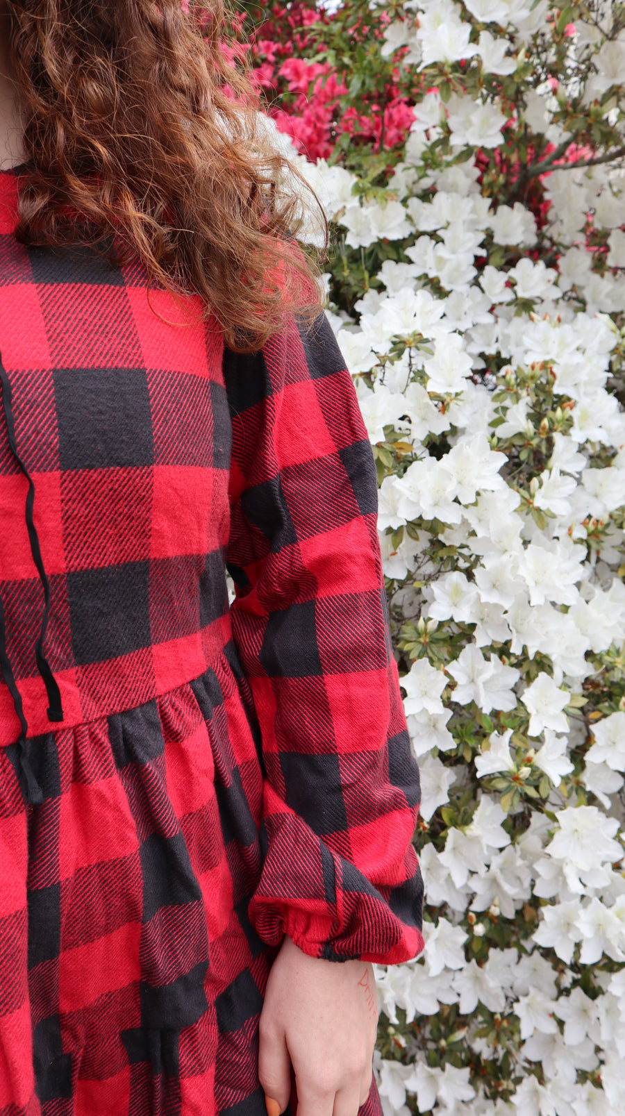 Fair Trade Red and Black Checkered Puffed Sleeve Twill Dress