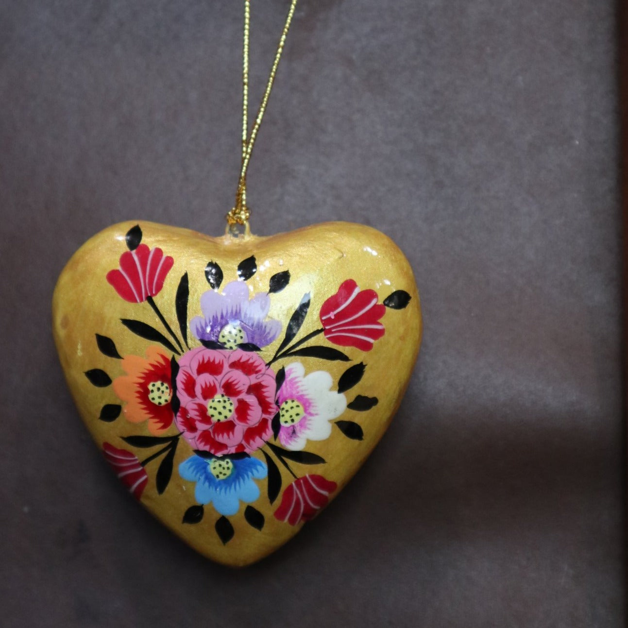 Fair Trade Ethical Christmas Decoration Hanging Heart Gold Flower