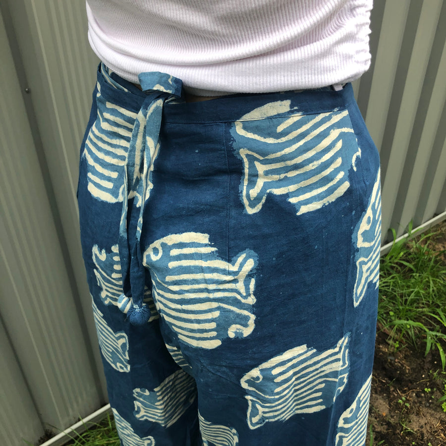 Fair Trade Ethical Cotton Mud Resistant Print Wrap Pants Fish Design