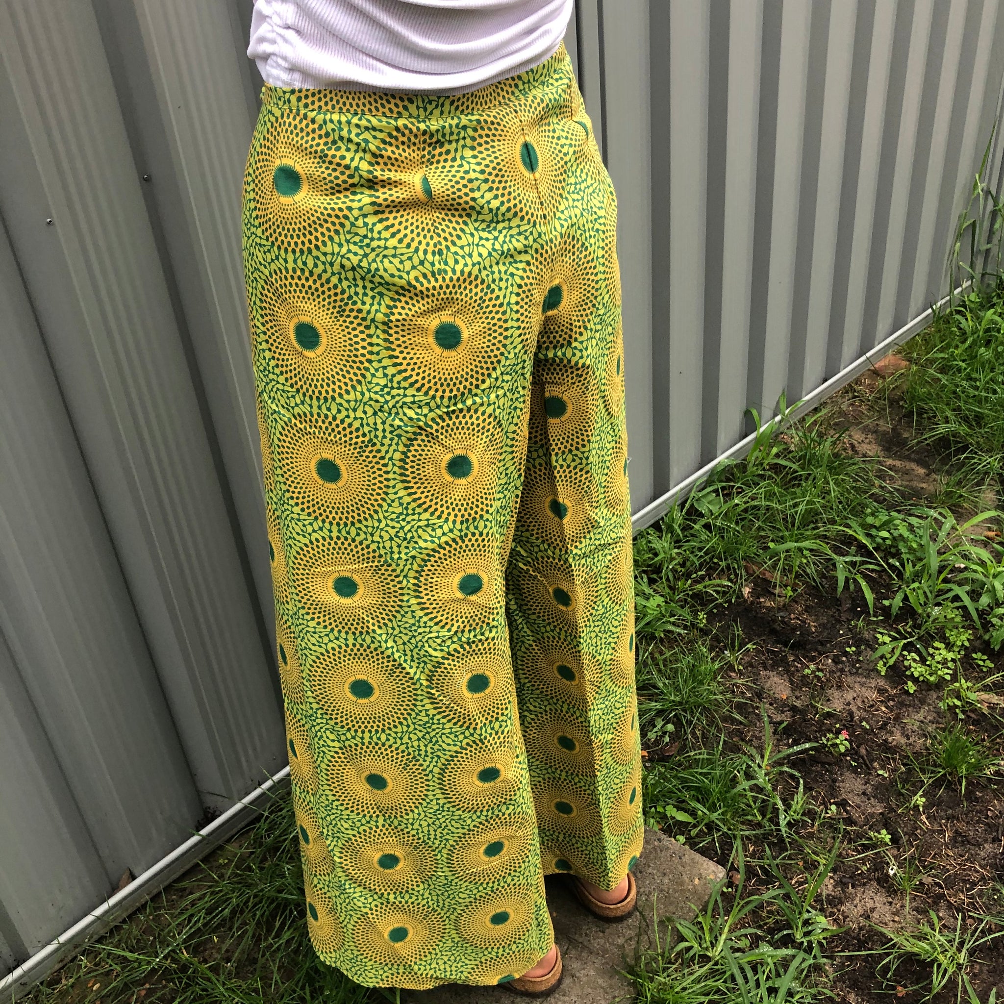 Fair Trade Ethical Cotton Print Wrap Pants in Yellow and Green