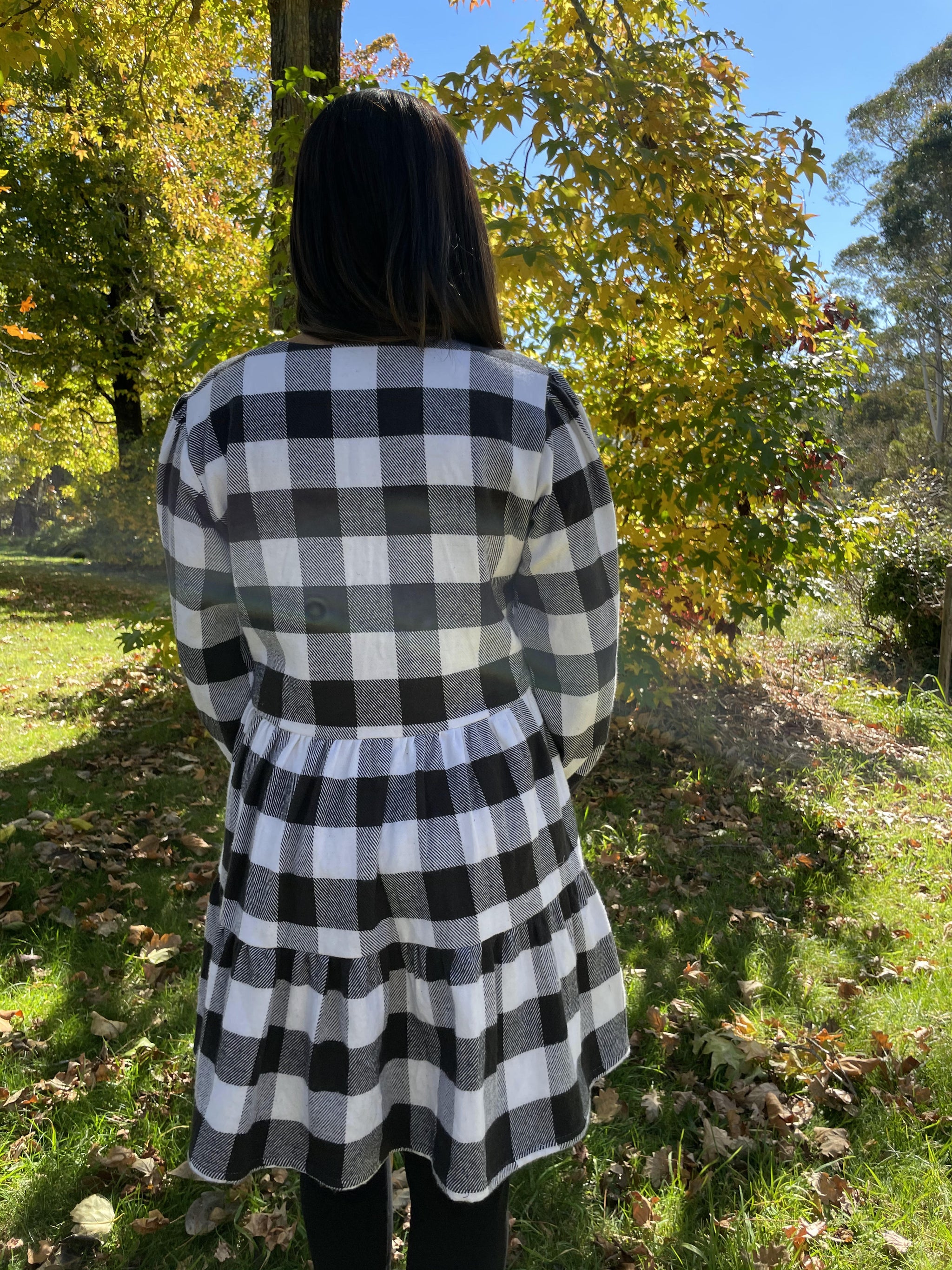 Fair Trade Black and White Checkered Puffed Sleeve Twill Dress