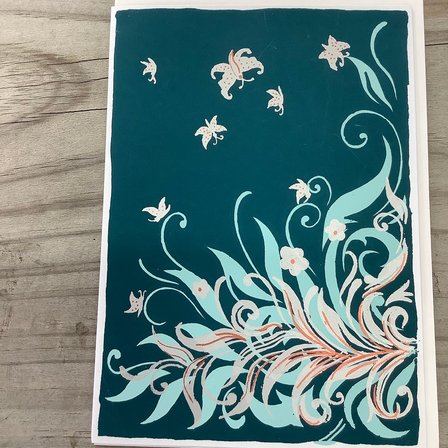 Turquoise card with hand painted long flower bush, and silver butterflies that surround.