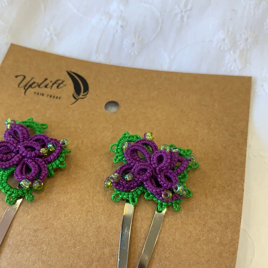 Fair Trade  Ethical Pair of Tatted Hair Clips with Beads