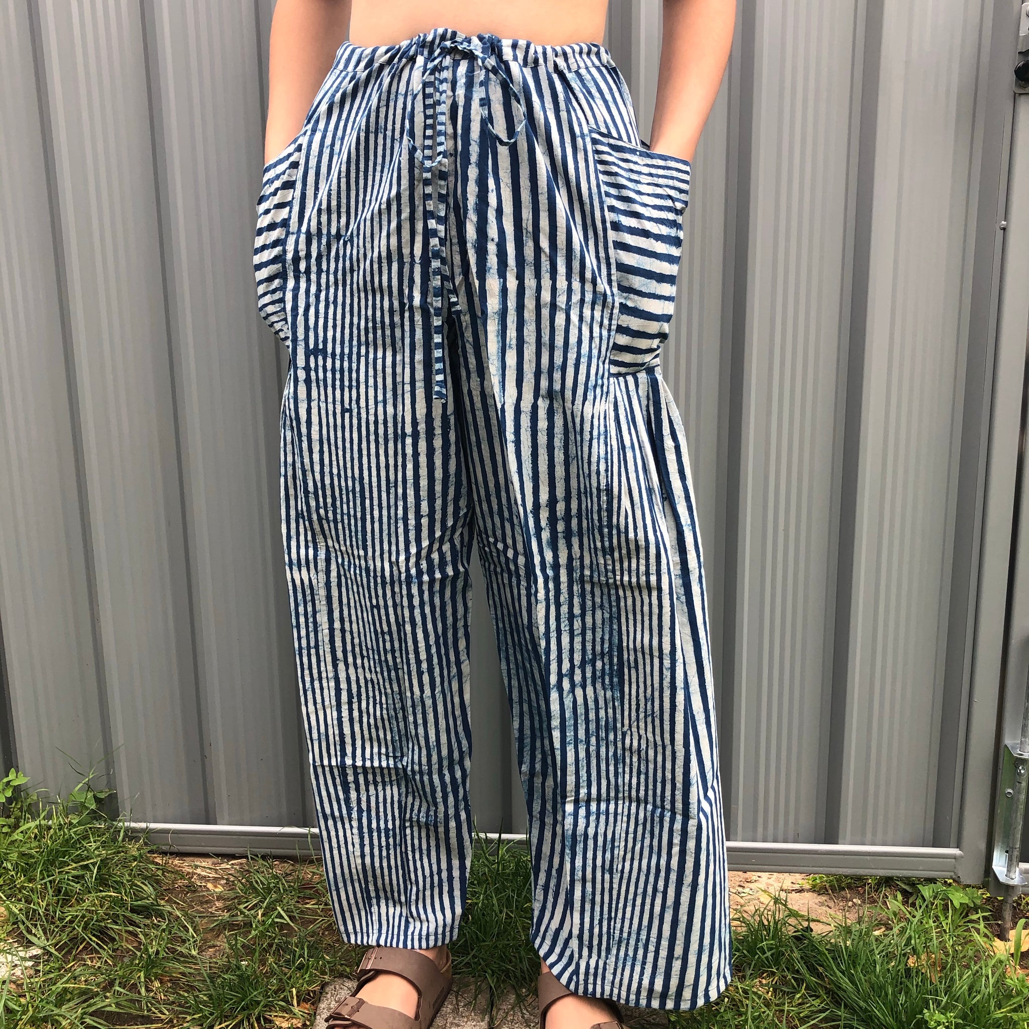 Fair Trade Ethical  Striped Cotton Pants with Pleats - Blue