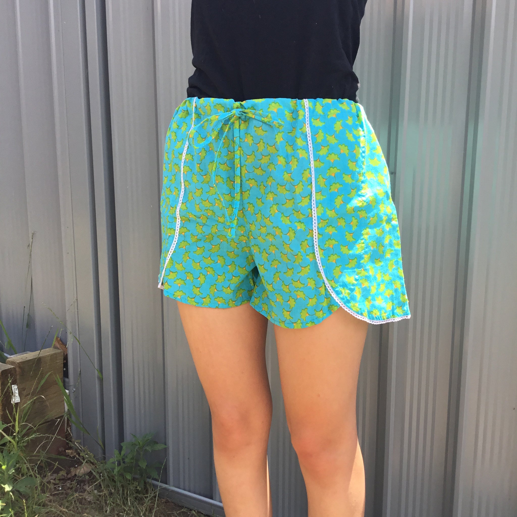 Fair Trade Floral Jammie Shorts Turquoise & Green