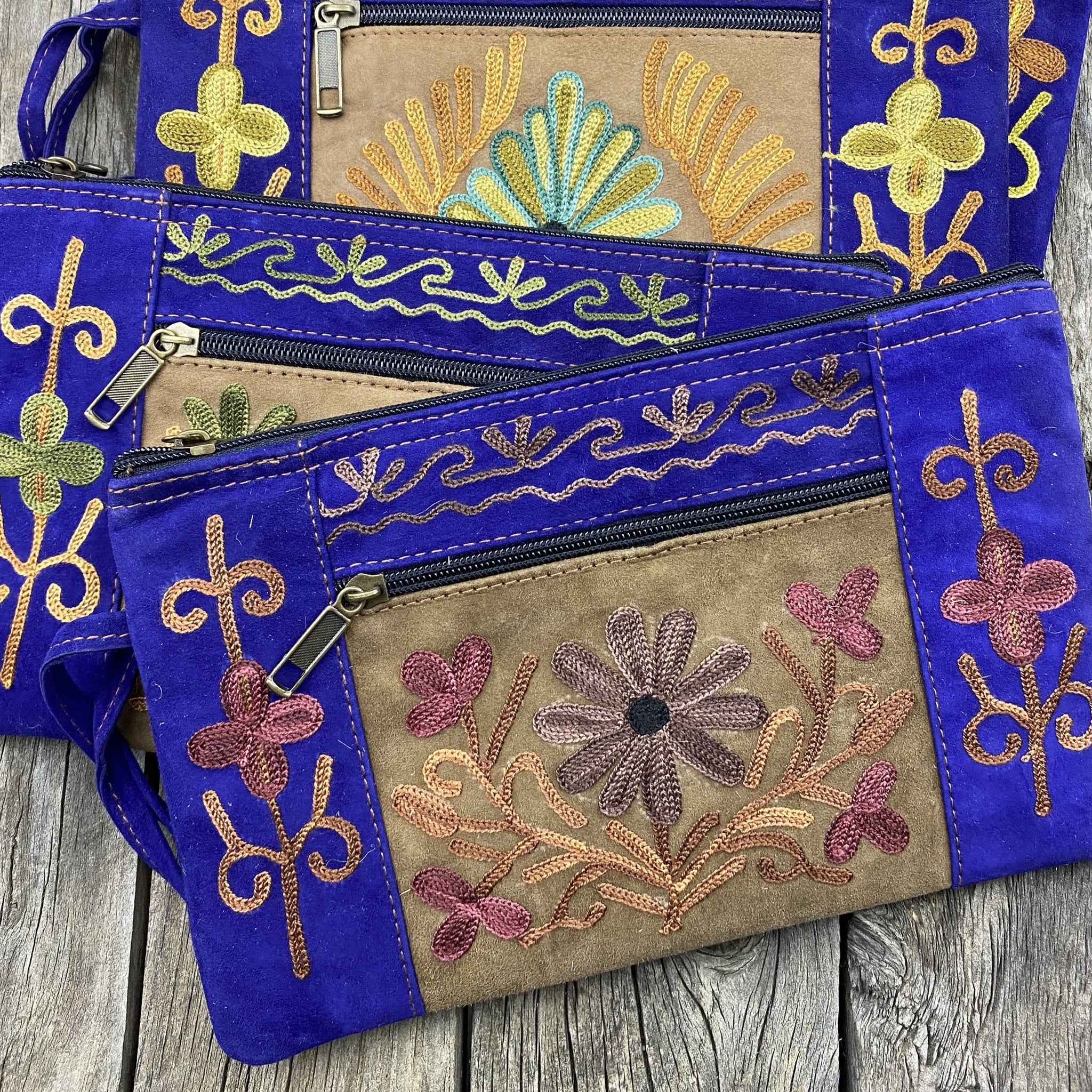 Fair Trade Ethical Embroidered Suede Clutch Purse Electric Blue-Assorted