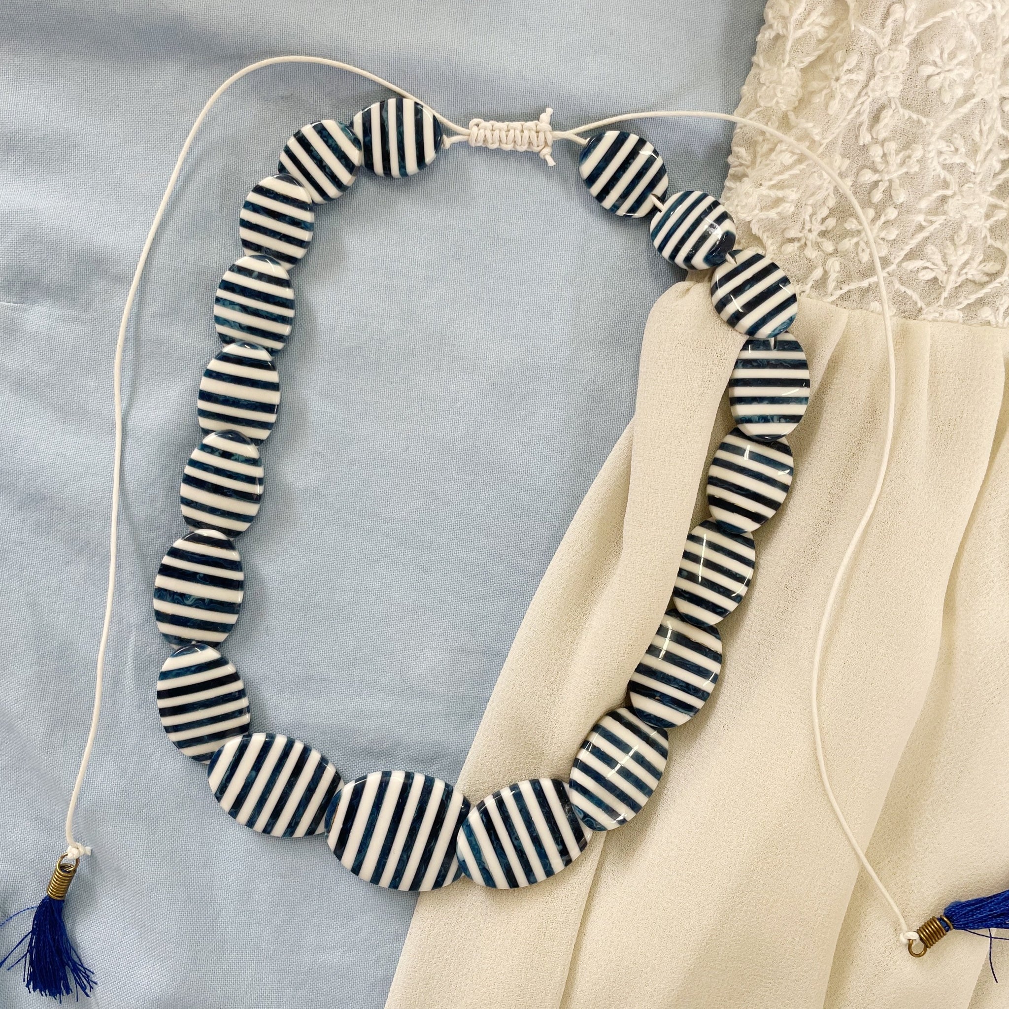 Fair Trade Blue and White Stripe Resin Stone Necklace