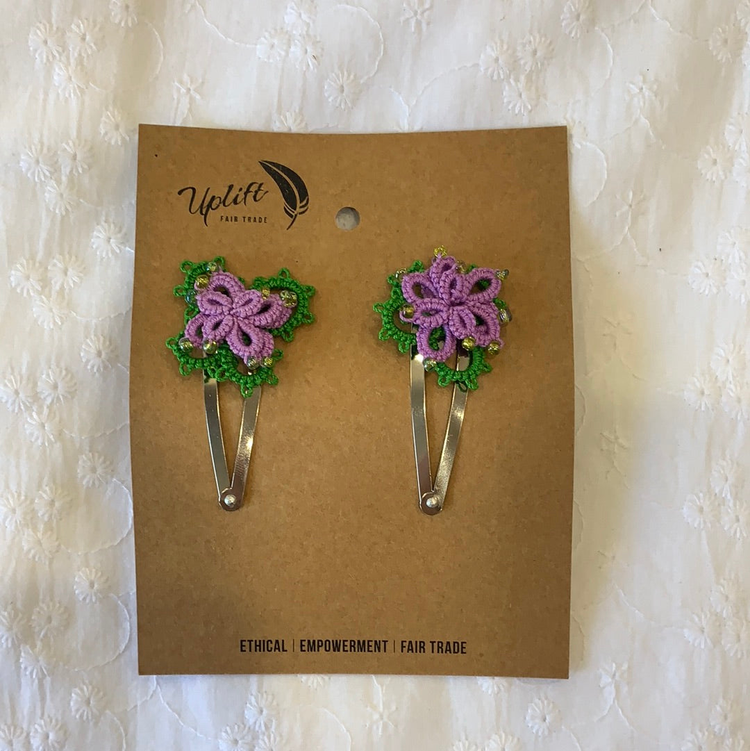 Fair Trade  Ethical Pair of Tatted Hair Clips with Beads