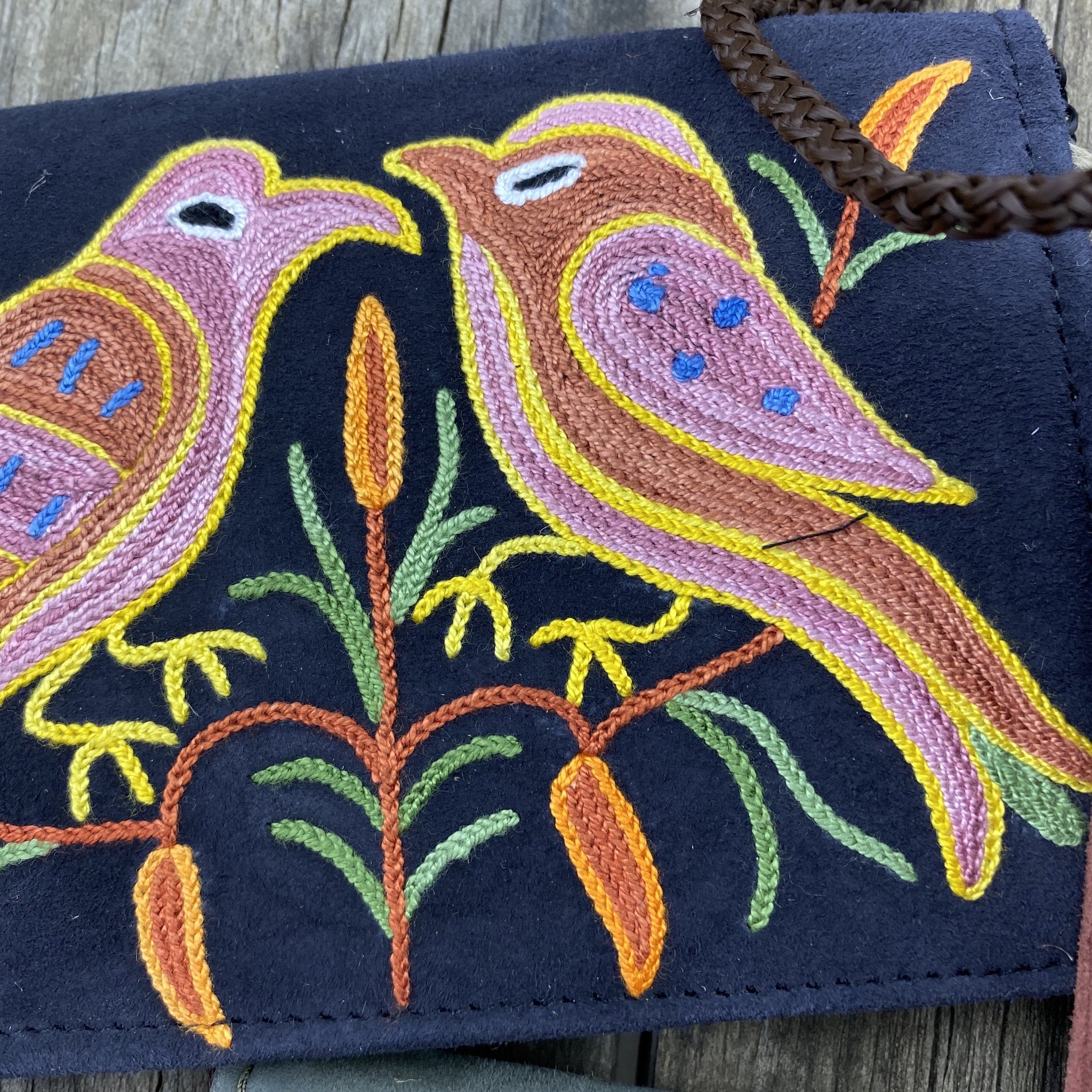 Fair Trade Ethical Embroidered Suede Handbag Two Birds Design-Assorted