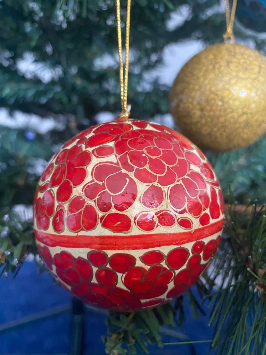 Fair Trade Painted Gold Flower Christmas Decoration Bauble Collection