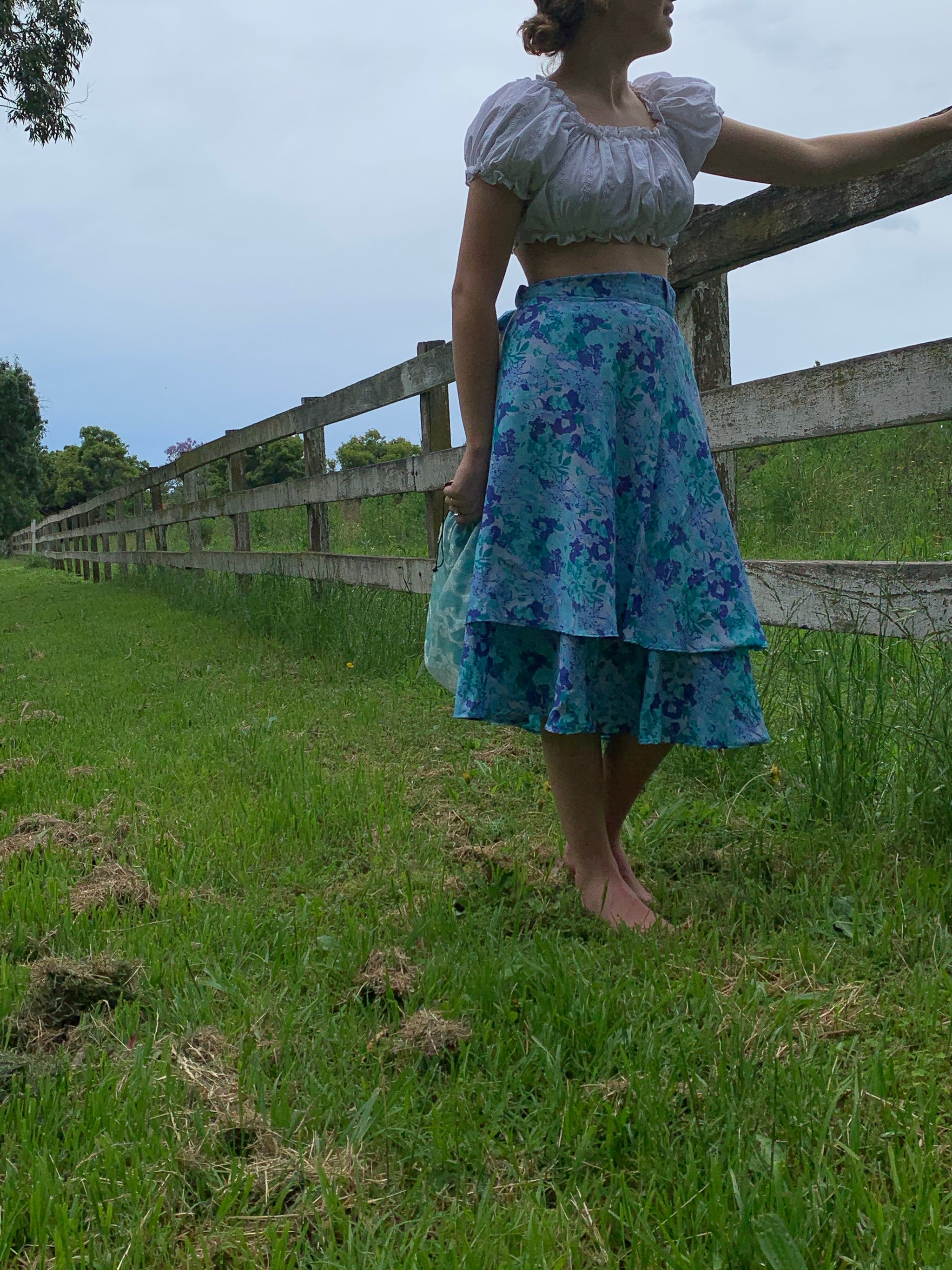 Fair Trade Upcycled Fabric Floral Blues Wrap Skirt